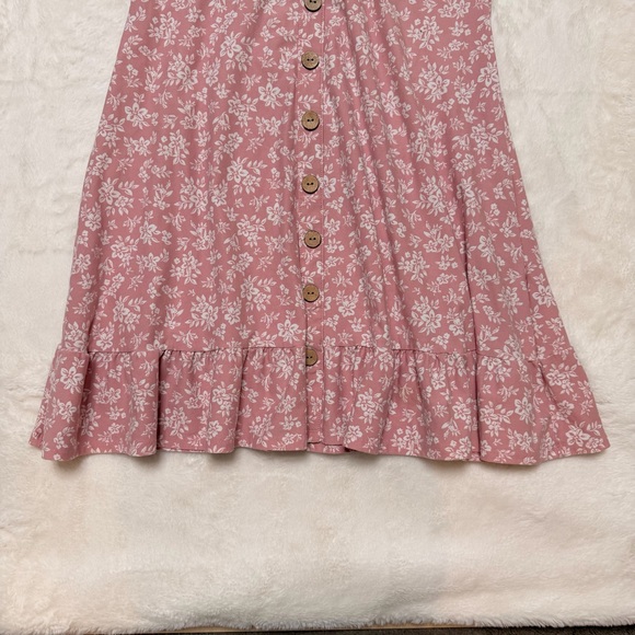 Pink Ditsy Floral Button Front Mini Dress Cottagecore Coquette Bow Ruffle L - Picture 3 of 7